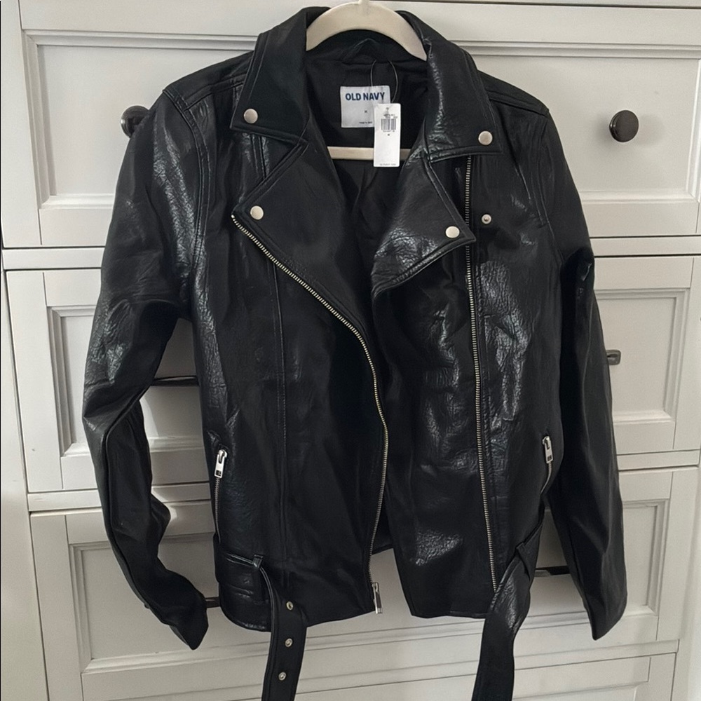 Old Navy Black Leather Moto Jacket with Zipper